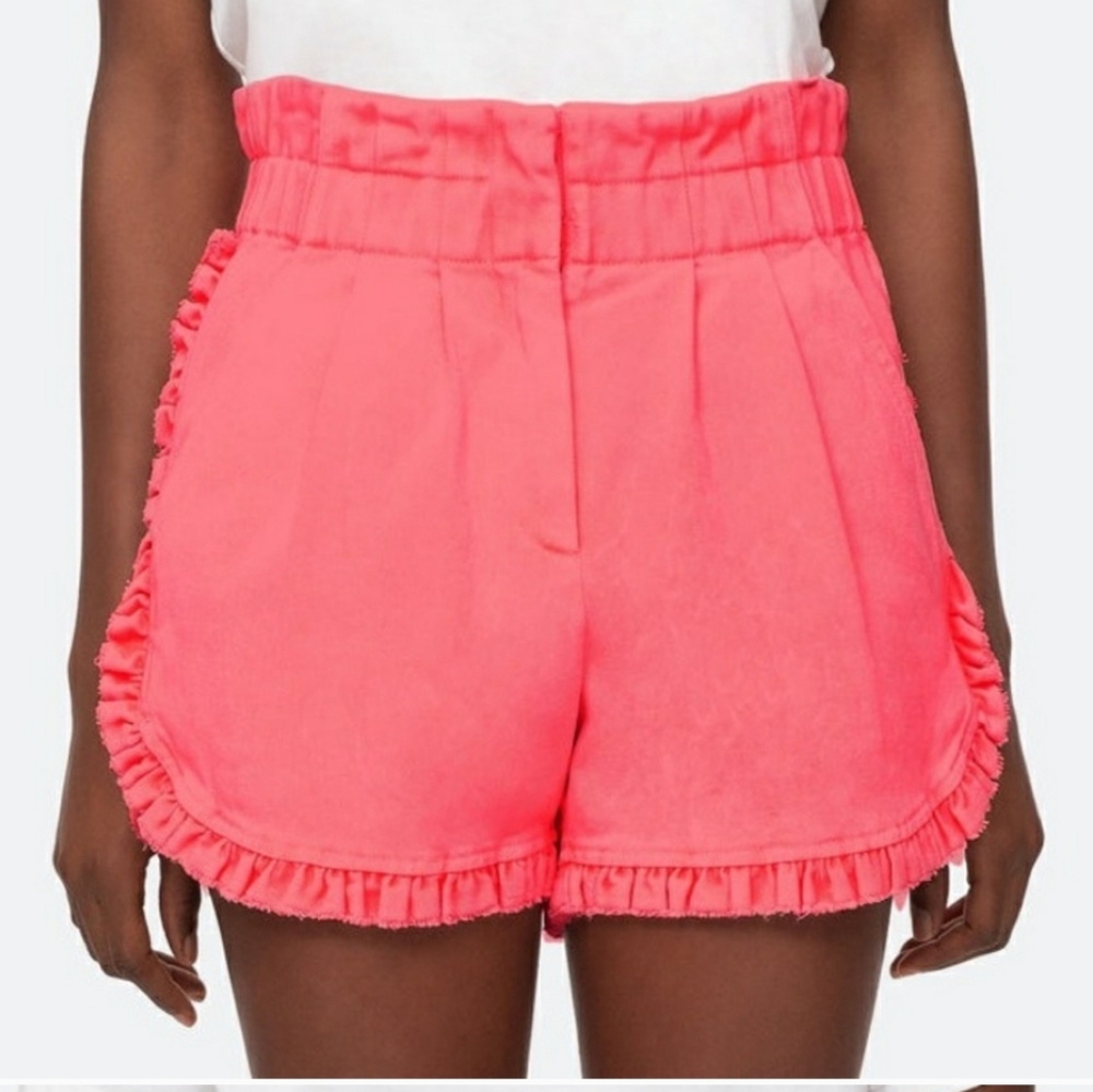 SEA New York Neon Pink Ruffle Shorts Size 6 Cotton Denim Pleated Paperbag